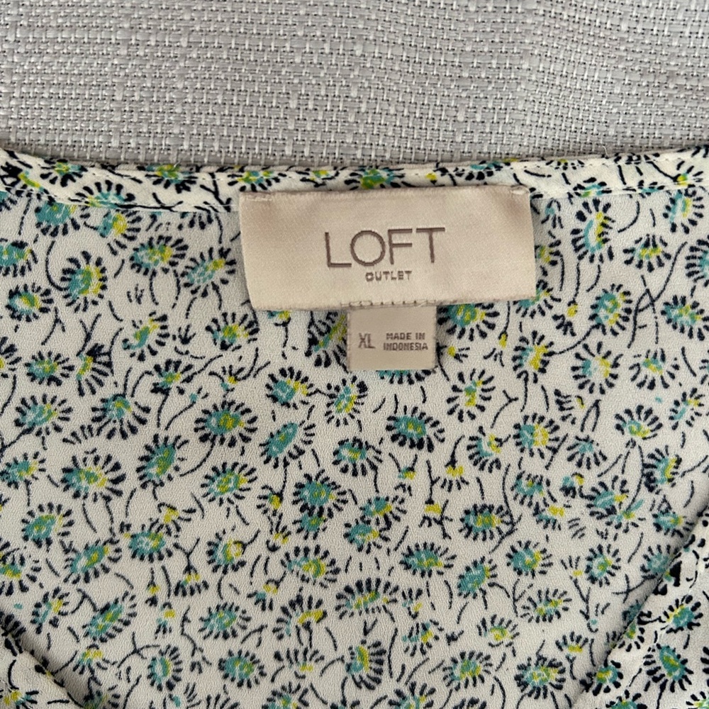 LOFT Cream Blouse with Blue and Green Floral Design